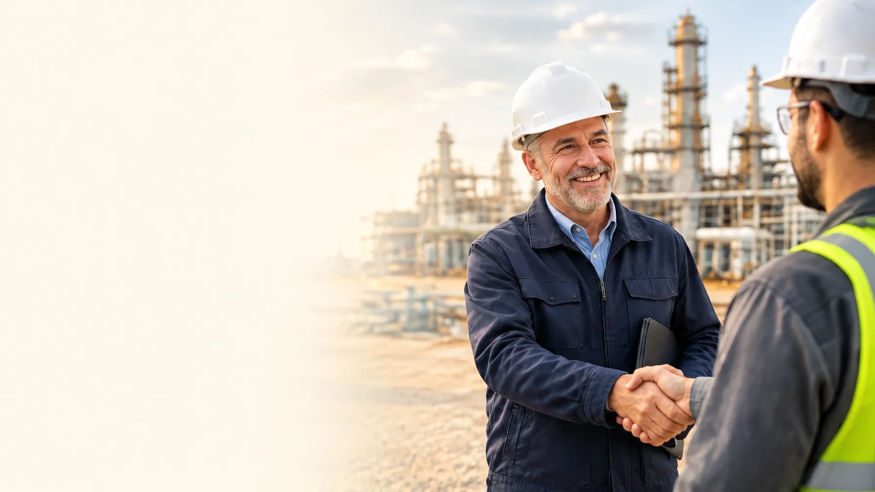 Energy advisors meeting at a refinery site